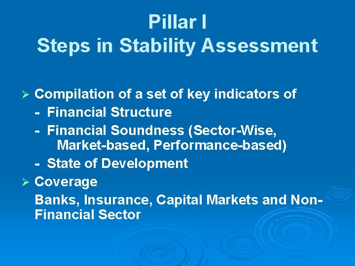 Pillar I Steps in Stability Assessment Compilation of a set of key indicators of