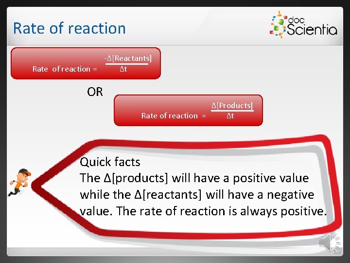 Rate of reaction -Δ[Reactants] Rate of reaction = Δt OR Δ[Products] Rate of reaction