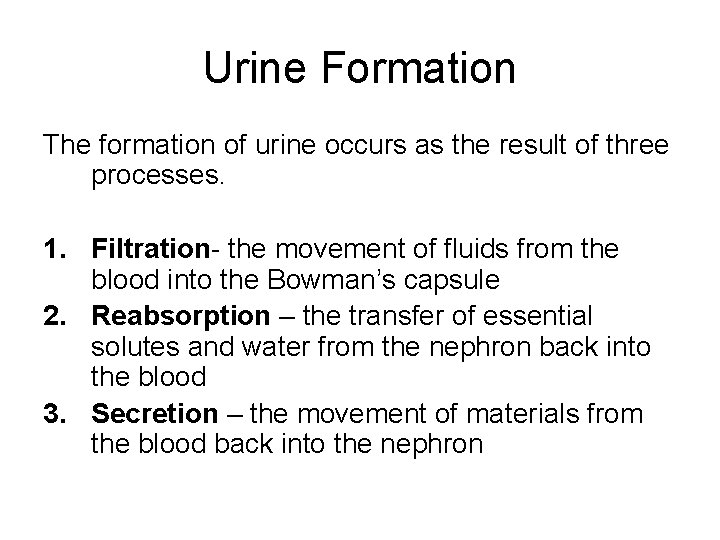 Urine Formation The formation of urine occurs as the result of three processes. 1.