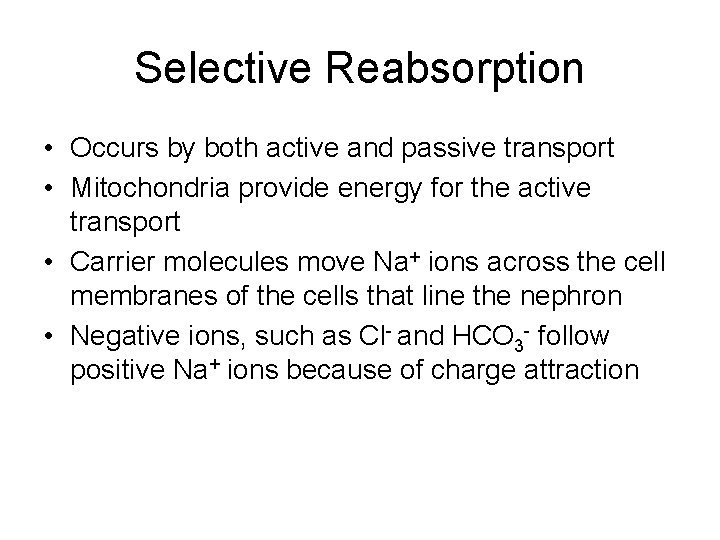 Selective Reabsorption • Occurs by both active and passive transport • Mitochondria provide energy Selective Reabsorption • Occurs by both active and passive transport • Mitochondria provide energy