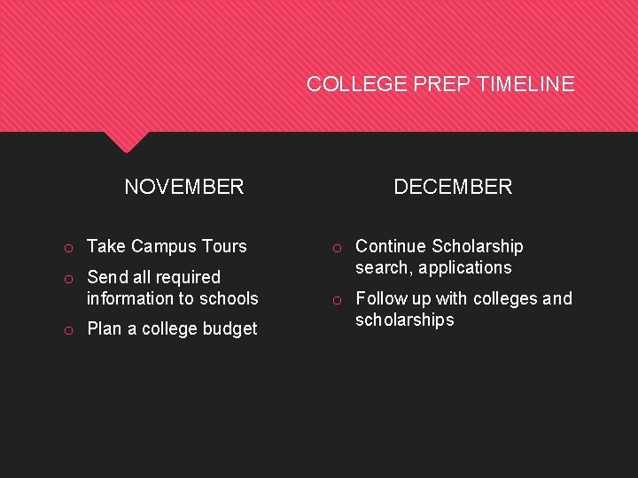 COLLEGE PREP TIMELINE NOVEMBER o Take Campus Tours o Send all required information to