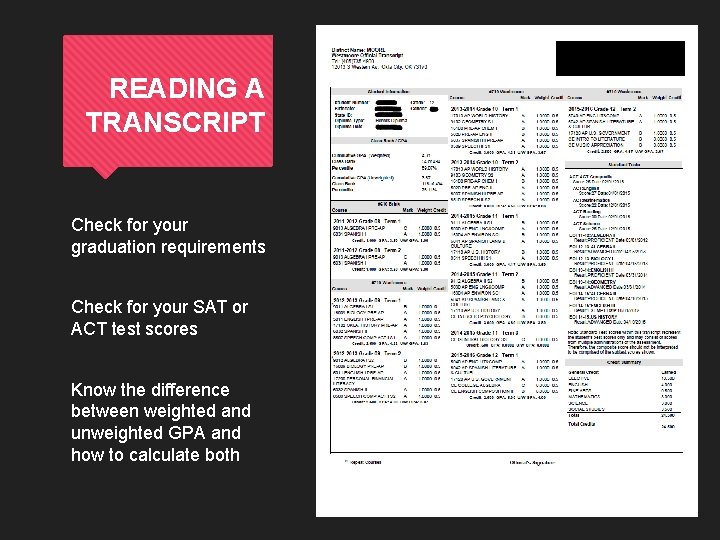 READING A TRANSCRIPT Check for your graduation requirements Check for your SAT or ACT