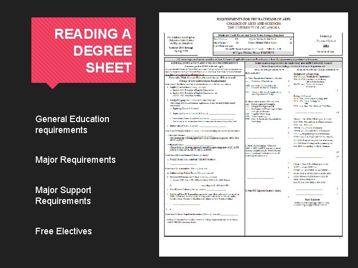 READING A DEGREE SHEET General Education requirements Major Requirements Major Support Requirements Free Electives