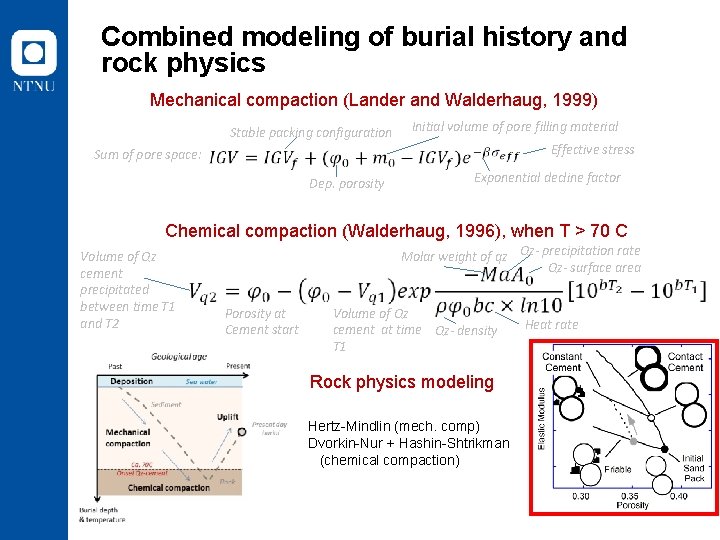 Combined modeling of burial history and rock physics Mechanical compaction (Lander and Walderhaug, 1999)