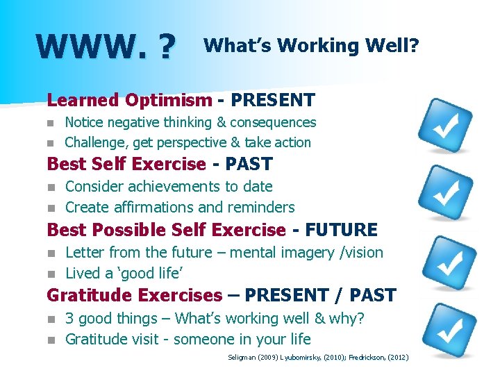 WWW. ? What’s Working Well? Learned Optimism - PRESENT Notice negative thinking & consequences