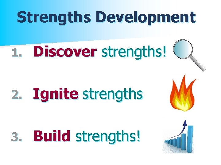 Strengths Development 1. Discover strengths! 2. Ignite strengths 3. Build strengths! 