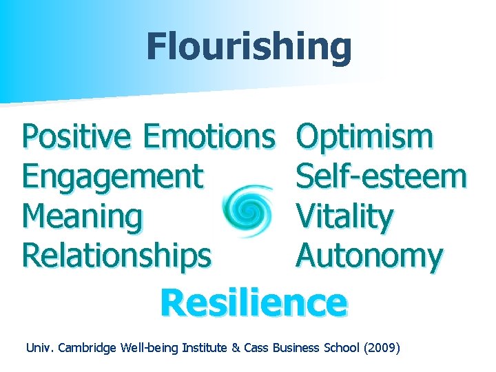 Flourishing Positive Emotions Engagement Meaning Relationships Optimism Self-esteem Vitality Autonomy Resilience Univ. Cambridge Well-being