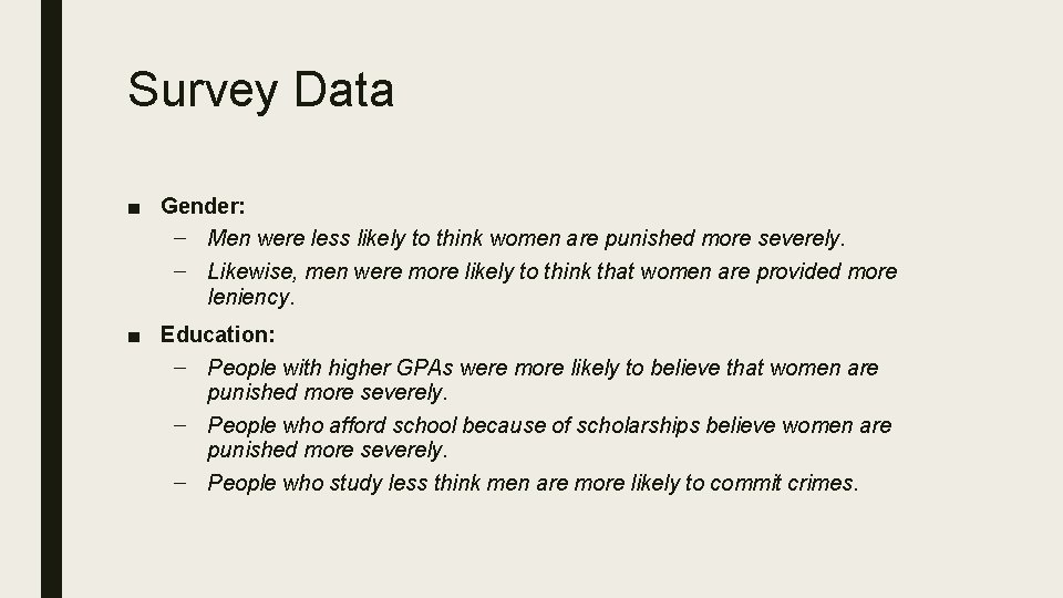 Survey Data ■ Gender: – Men were less likely to think women are punished