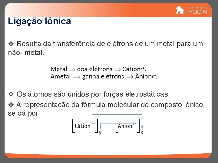 Ligação Iônica v Resulta da transferência de elétrons de um metal para um não-