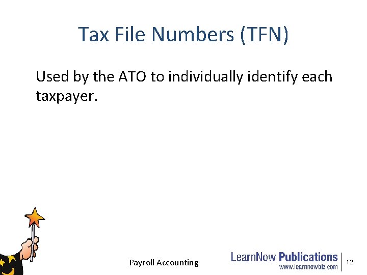 Tax File Numbers (TFN) Used by the ATO to individually identify each taxpayer. Payroll
