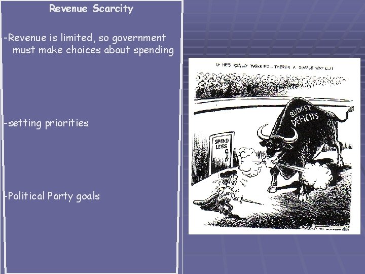 Revenue Scarcity -Revenue is limited, so government must make choices about spending -setting priorities