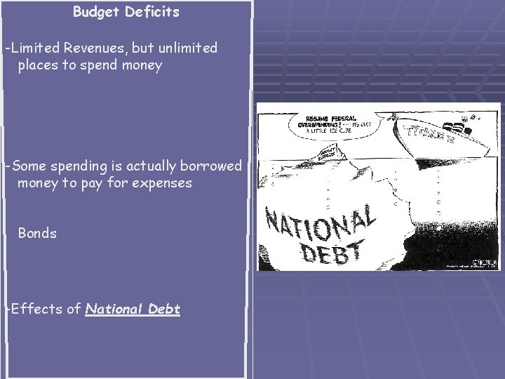 Budget Deficits -Limited Revenues, but unlimited places to spend money -Some spending is actually