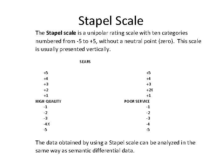 Stapel Scale The Stapel scale is a unipolar rating scale with ten categories numbered