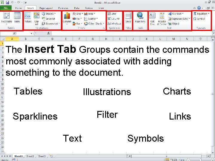 The Insert Tab Groups contain the commands most commonly associated with adding something to