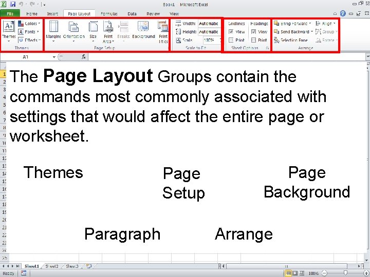 The Page Layout Groups contain the commands most commonly associated with settings that would