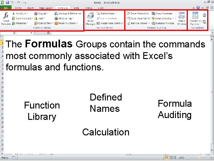 The Formulas Groups contain the commands most commonly associated with Excel’s formulas and functions.