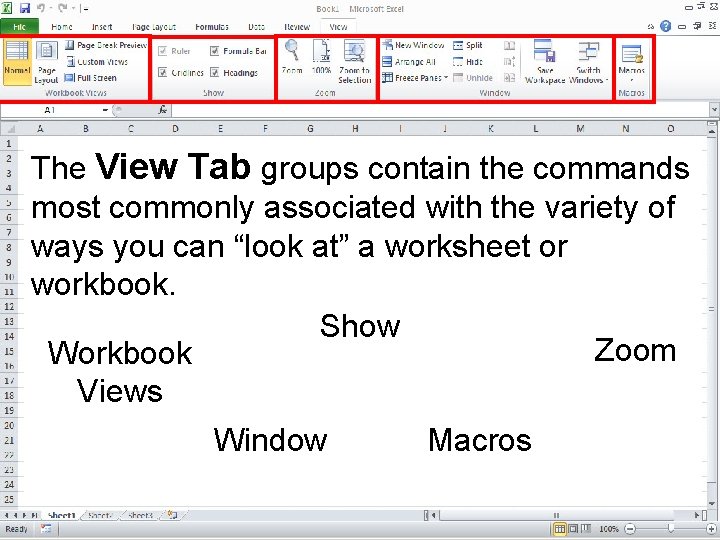 The View Tab groups contain the commands most commonly associated with the variety of
