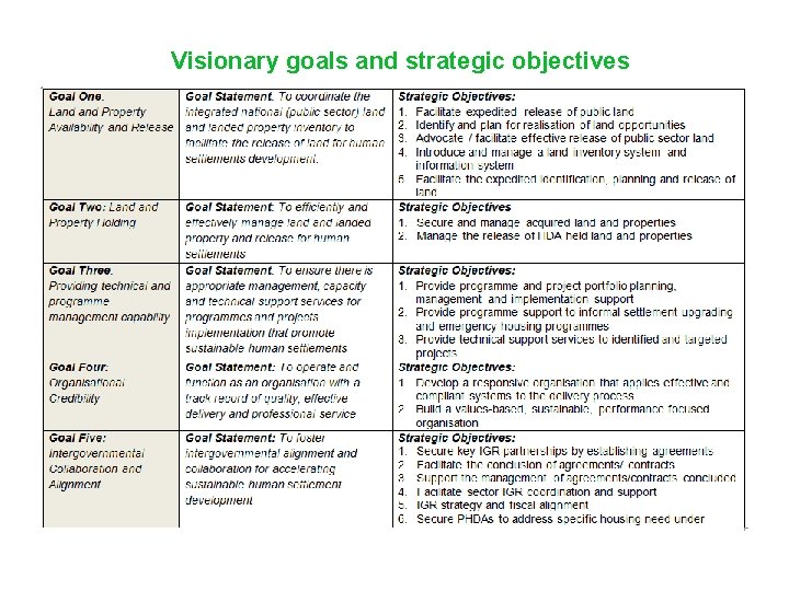 Visionary goals and strategic objectives 