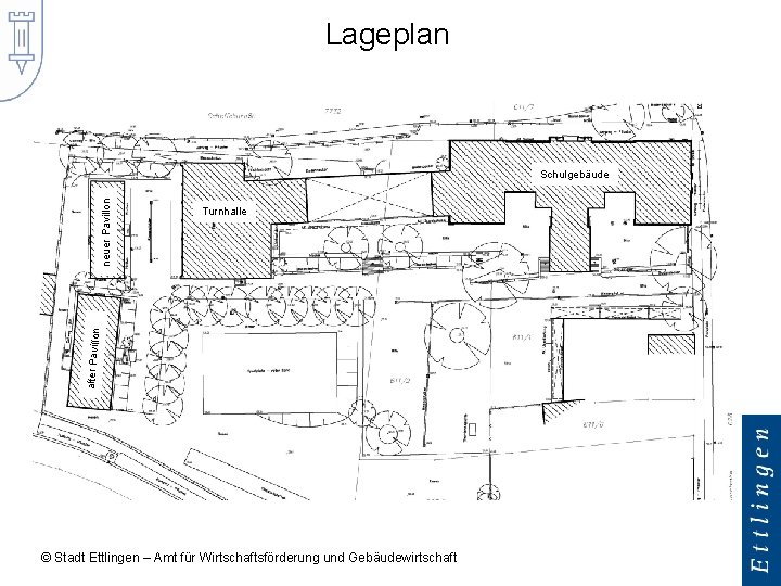 Lageplan Turnhalle alter Pavillon neuer Pavillon Schulgebäude © Stadt Ettlingen – Amt für Wirtschaftsförderung