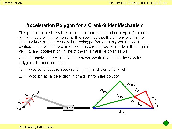 Acceleration Polygon for a Crank-Slider Introduction Acceleration Polygon for a Crank-Slider Mechanism This presentation