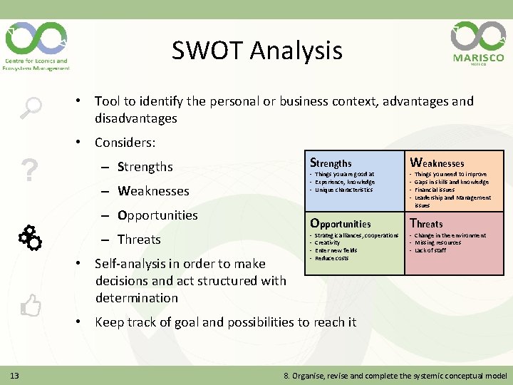 SWOT Analysis • Tool to identify the personal or business context, advantages and disadvantages