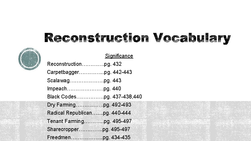 Significance Reconstruction…………. pg. 432 Carpetbagger…………. . . pg. 442 -443 Scalawag………………. . pg. 443