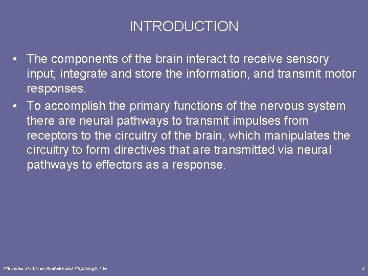 INTRODUCTION • The components of the brain interact to receive sensory input, integrate and