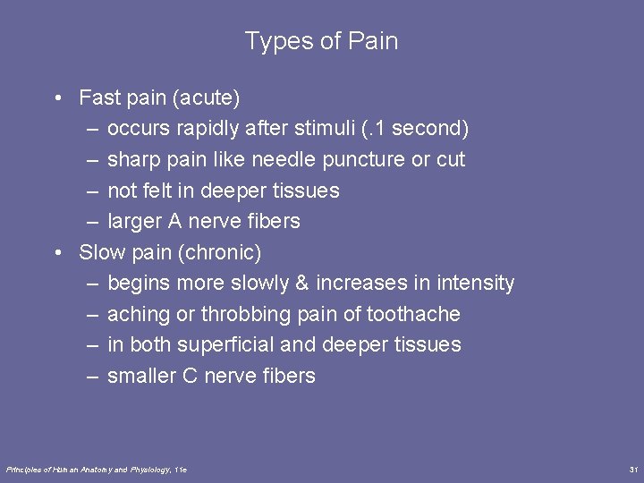 Types of Pain • Fast pain (acute) – occurs rapidly after stimuli (. 1