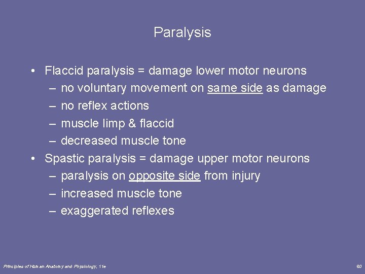 Paralysis • Flaccid paralysis = damage lower motor neurons – no voluntary movement on