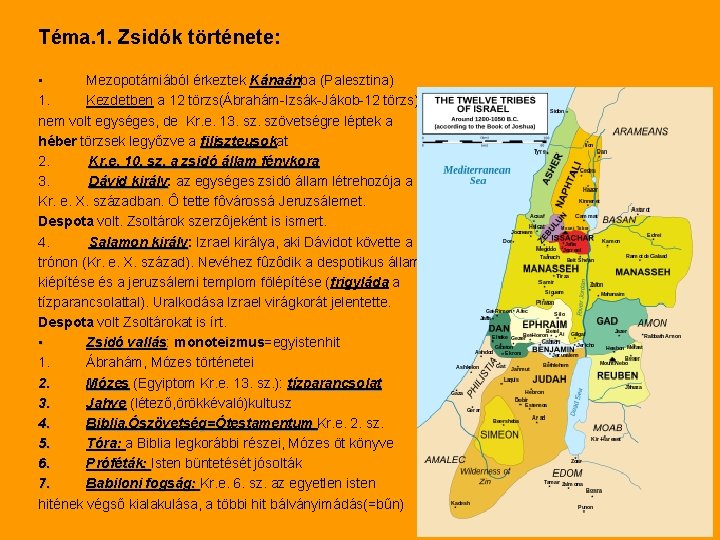 Téma. 1. Zsidók története: • Mezopotámiából érkeztek Kánaánba Kánaán (Palesztina) 1. Kezdetben a 12