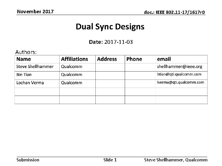 November 2017 doc. : IEEE 802. 11 -17/1617 r 0 Dual Sync Designs Date: