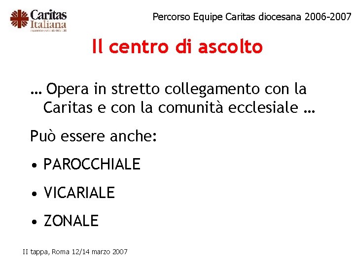 Percorso Equipe Caritas diocesana 2006 -2007 Il centro di ascolto … Opera in stretto