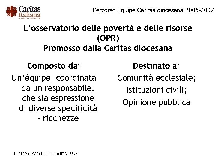 Percorso Equipe Caritas diocesana 2006 -2007 L’osservatorio delle povertà e delle risorse (OPR) Promosso
