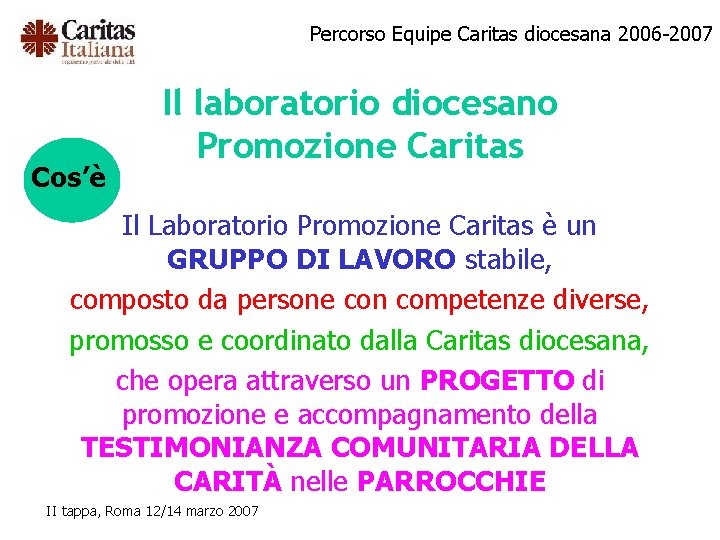 Percorso Equipe Caritas diocesana 2006 -2007 Cos’è Il laboratorio diocesano Promozione Caritas Il Laboratorio