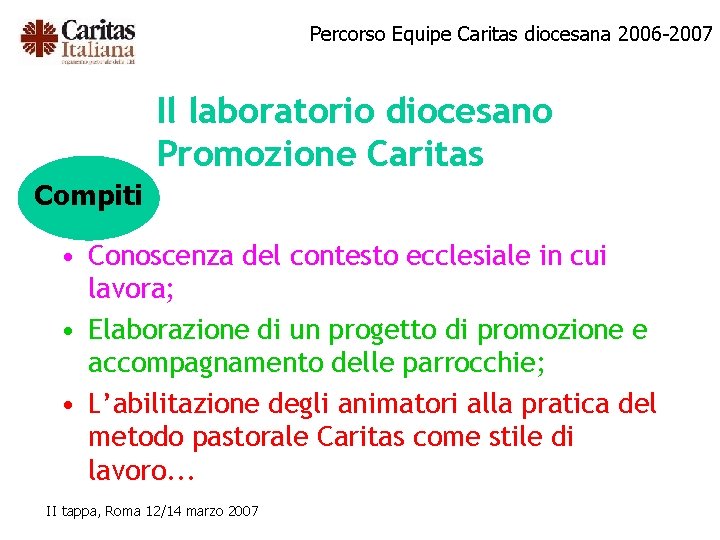 Percorso Equipe Caritas diocesana 2006 -2007 Il laboratorio diocesano Promozione Caritas Compiti • Conoscenza