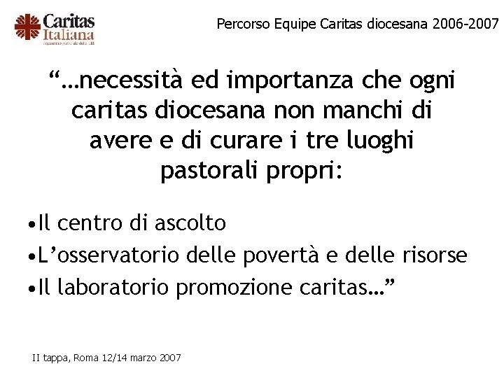 Percorso Equipe Caritas diocesana 2006 -2007 “…necessità ed importanza che ogni caritas diocesana non