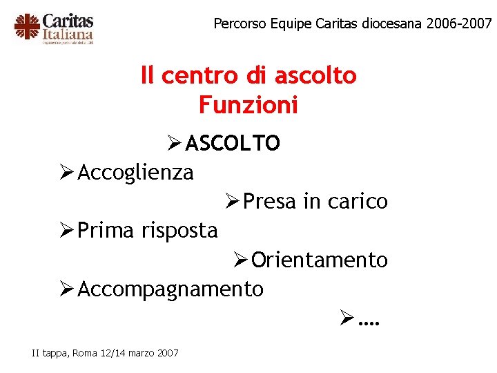 Percorso Equipe Caritas diocesana 2006 -2007 Il centro di ascolto Funzioni Ø ASCOLTO Ø