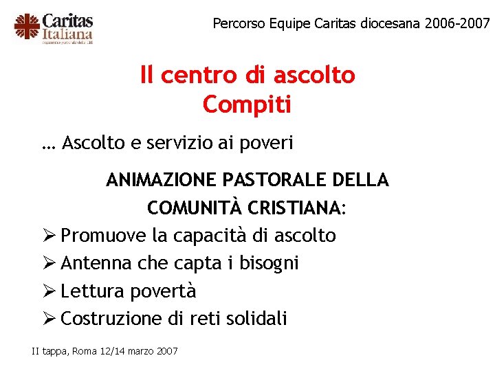 Percorso Equipe Caritas diocesana 2006 -2007 Il centro di ascolto Compiti … Ascolto e