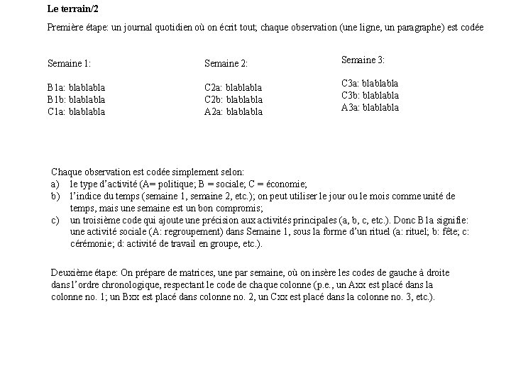 Le terrain/2 Première étape: un journal quotidien où on écrit tout; chaque observation (une