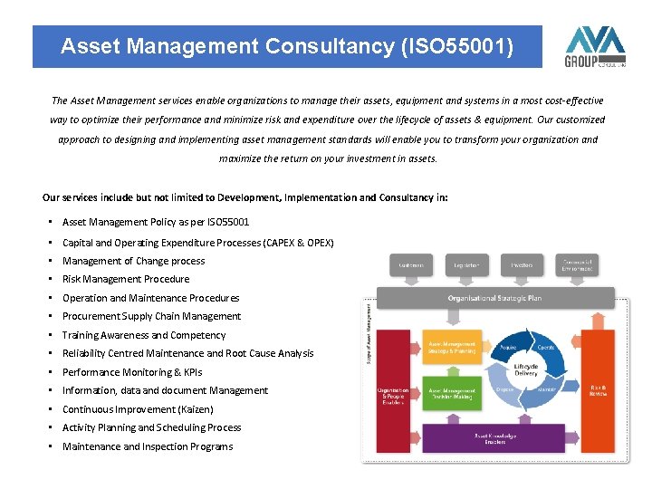 Asset Management Consultancy (ISO 55001) The Asset Management services enable organizations to manage their