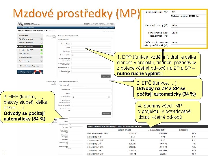 Mzdové prostředky (MP) 1. DPP (funkce, vzdělání, druh a délka činnosti v projektu, finanční