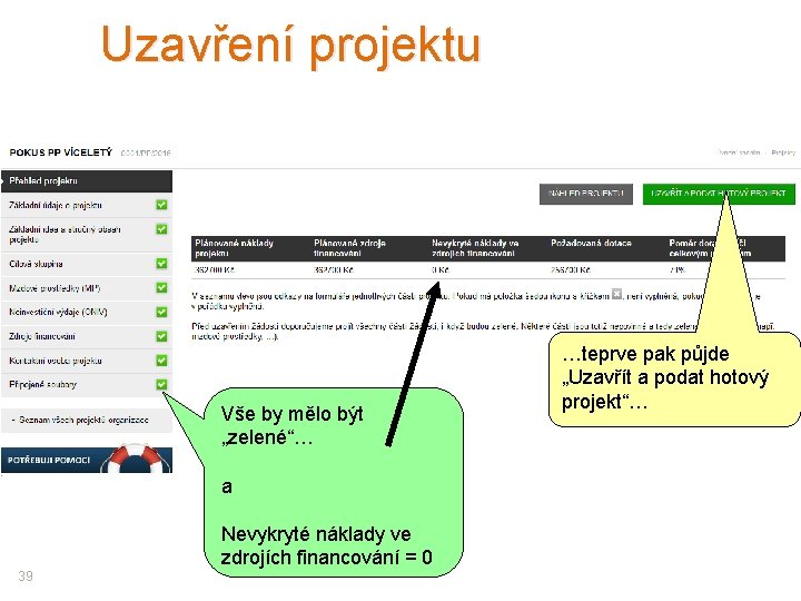 Uzavření projektu Vše by mělo být „zelené“… a Nevykryté náklady ve zdrojích financování =