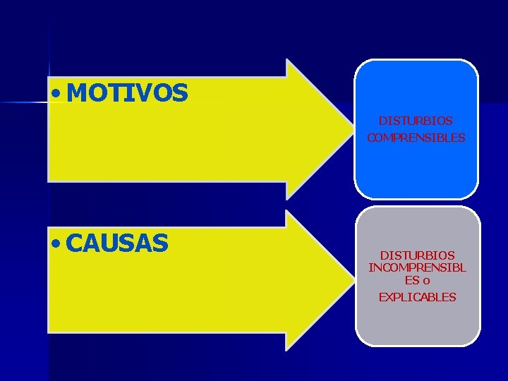  • MOTIVOS DISTURBIOS COMPRENSIBLES • CAUSAS DISTURBIOS INCOMPRENSIBL ES o EXPLICABLES 