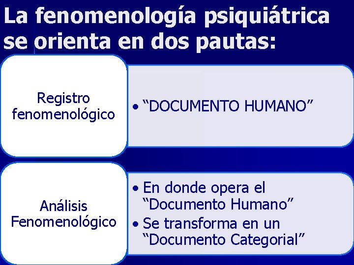 La fenomenología psiquiátrica se orienta en dos pautas: Registro fenomenológico • “DOCUMENTO HUMANO” •
