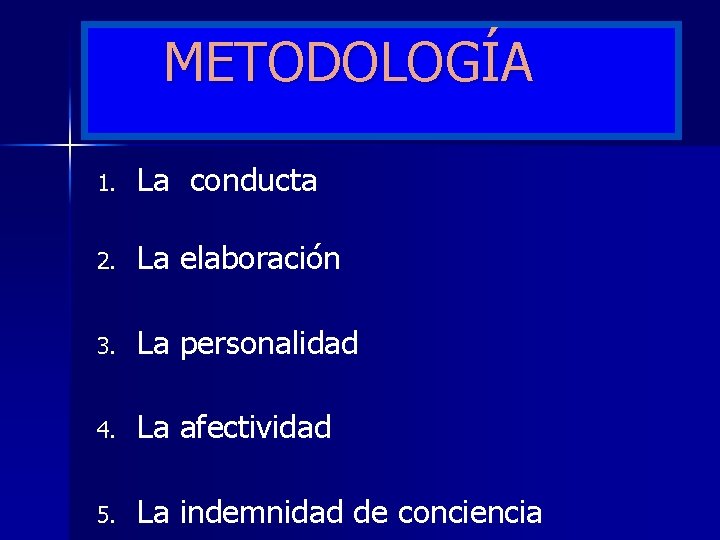 METODOLOGÍA 1. La conducta 2. La elaboración 3. La personalidad 4. La afectividad 5.