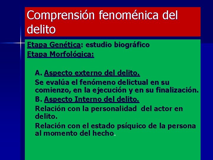 Comprensión fenoménica delito Etapa Genética: estudio biográfico Etapa Morfológica: A. Aspecto externo delito. Se