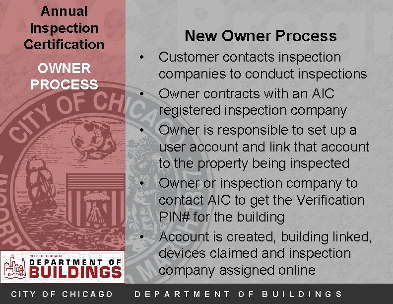 AIC Progr Annual Inspection Certification OWNER PROCESS New Owner Process • • • CITY