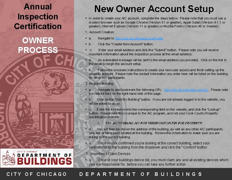 AIC Progr Annual Inspection Certification OWNER PROCESS New Owner Account Setup • In order