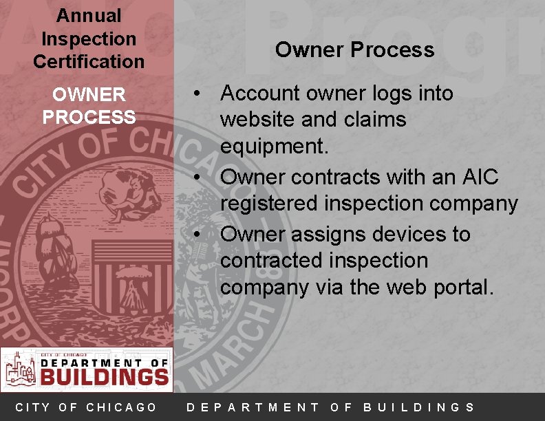 AIC Progr Annual Inspection Certification OWNER PROCESS CITY OF CHICAGO Owner Process • Account