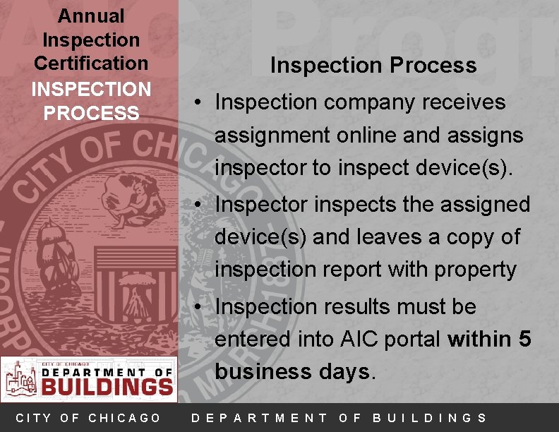 AIC Progr Annual Inspection Certification INSPECTION PROCESS Inspection Process • Inspection company receives assignment